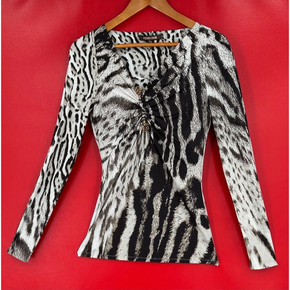 Roberto Cavalli Black and White Animal Print Long Sleeve Blouse
